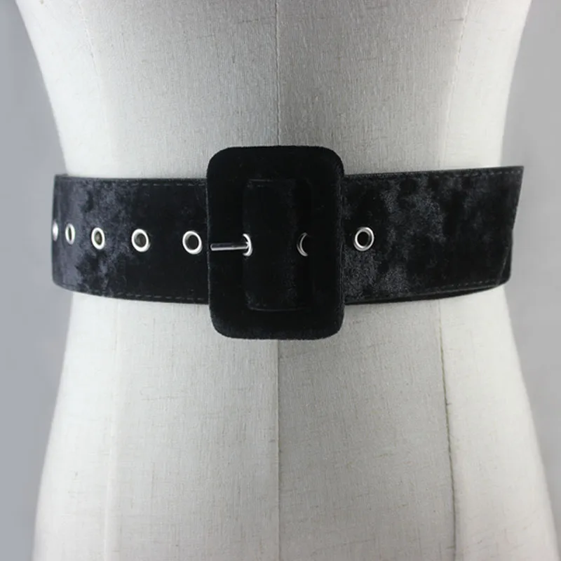 

New Design Wide Female Dress Belts Decorate Waistband Fashion Silver Pin Buckle Velvet Party Black Flannel Women Belt Low Price