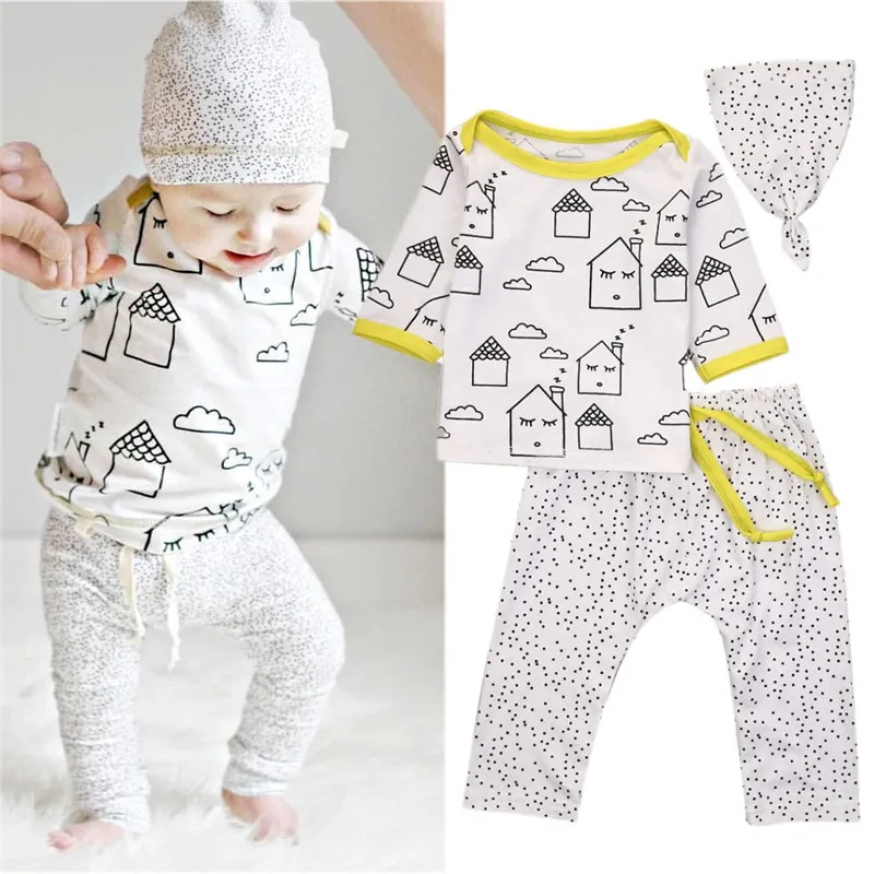 

2016 New spring autumn baby boy clothes set cotton house printed T-shirt+pants+hat 3pcs Infant clothes newborn baby clothing set