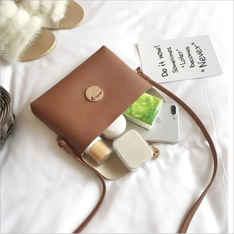  Simple Pure Color Women Mini Lock Flap Messenger Bag PU Leather Girls Casual Shoulder Bags Female S - 32891983519