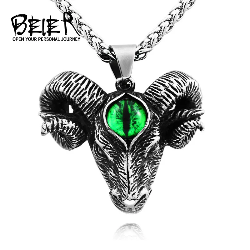 

Beier 316L stainless steel Norse Vikings Pendant Necklace Norse Sheep head with Evil eye Animal Jewelry for man Chain LHP070