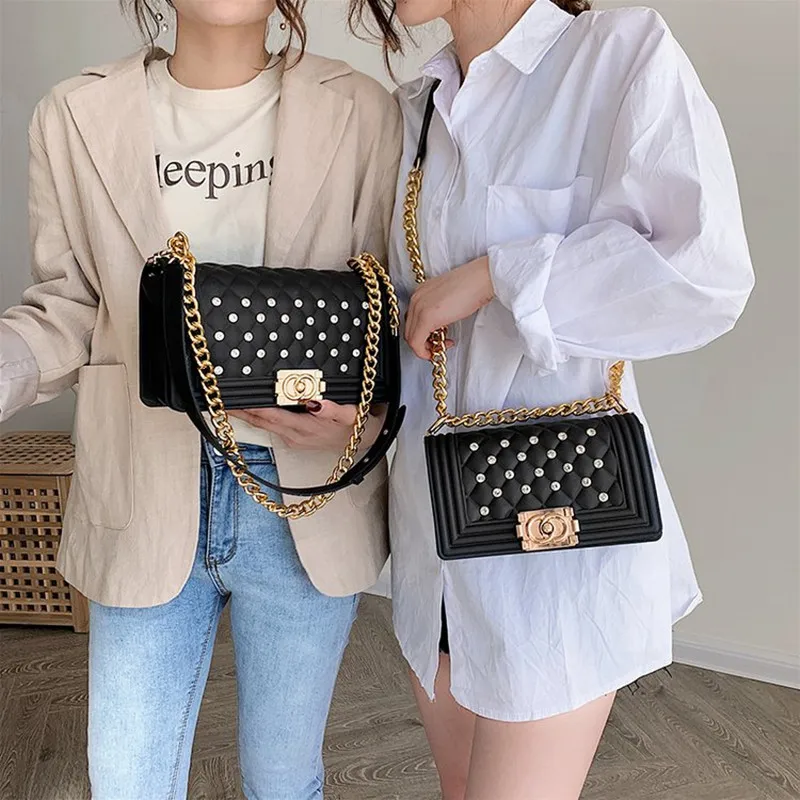 

2019 New Rivet Pearl Chain Shoulder Messenger Bags PVC Women Purses and Handbags Sac A Main