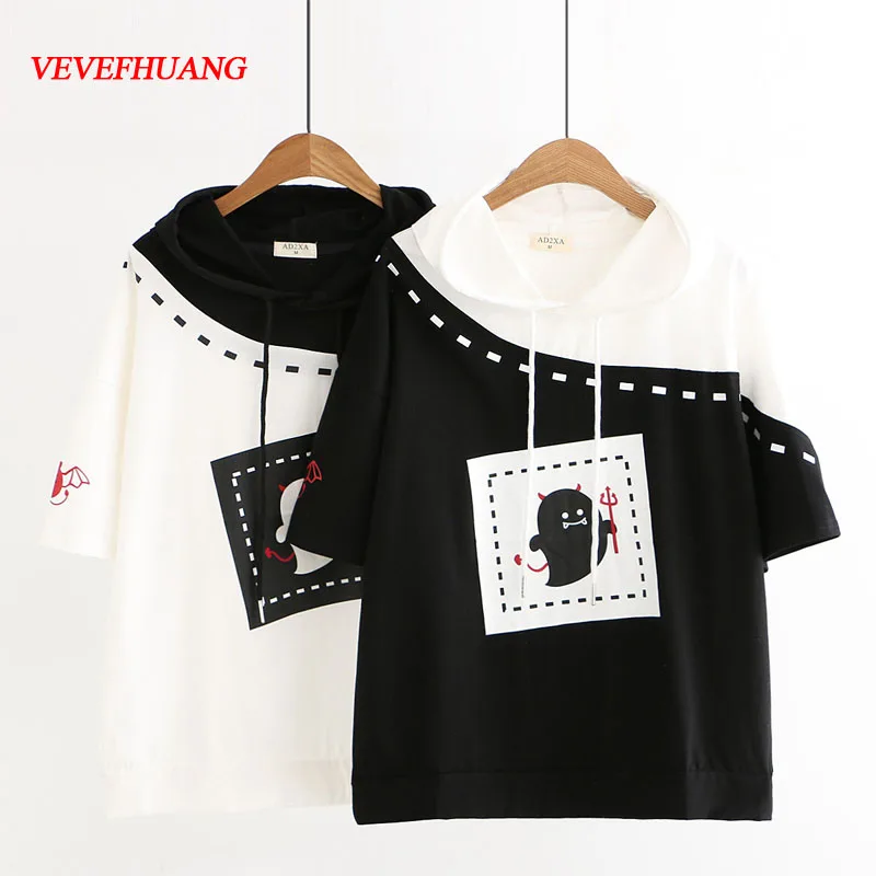 

Korean Spring Autumn Women Cartoon Print Hooded Sweatshirts Short-sleeved Drawstring Cotton Hoodies Casual Loose Pullover