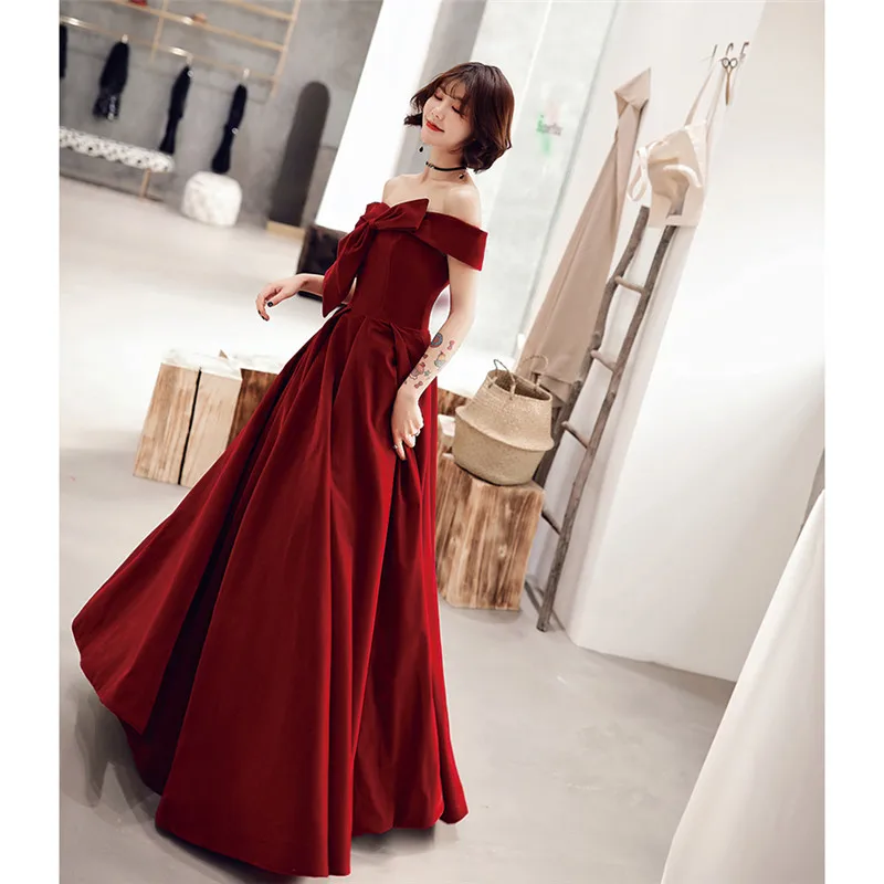 It's YiiYa Evening Dress Long Elegant A-Line Off Shoulder Bow Women Party Dress Boat Neck Robe de Soiree Plus Size 2019 E519