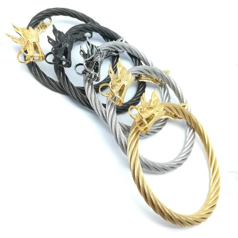 

Men Punk Leading Opening Plated Steel Wire Viking Bracelet Unisex Titanium Silver And Gold Dragon Steel Stripes Bracelet