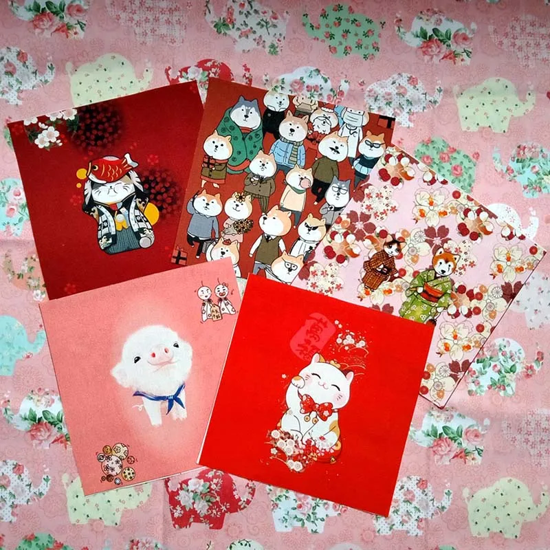 

15*15cm 5pcs cat New Year's Festival Red patch cloth piece cotton canvas hand dyed cloth piece decorative painting D20