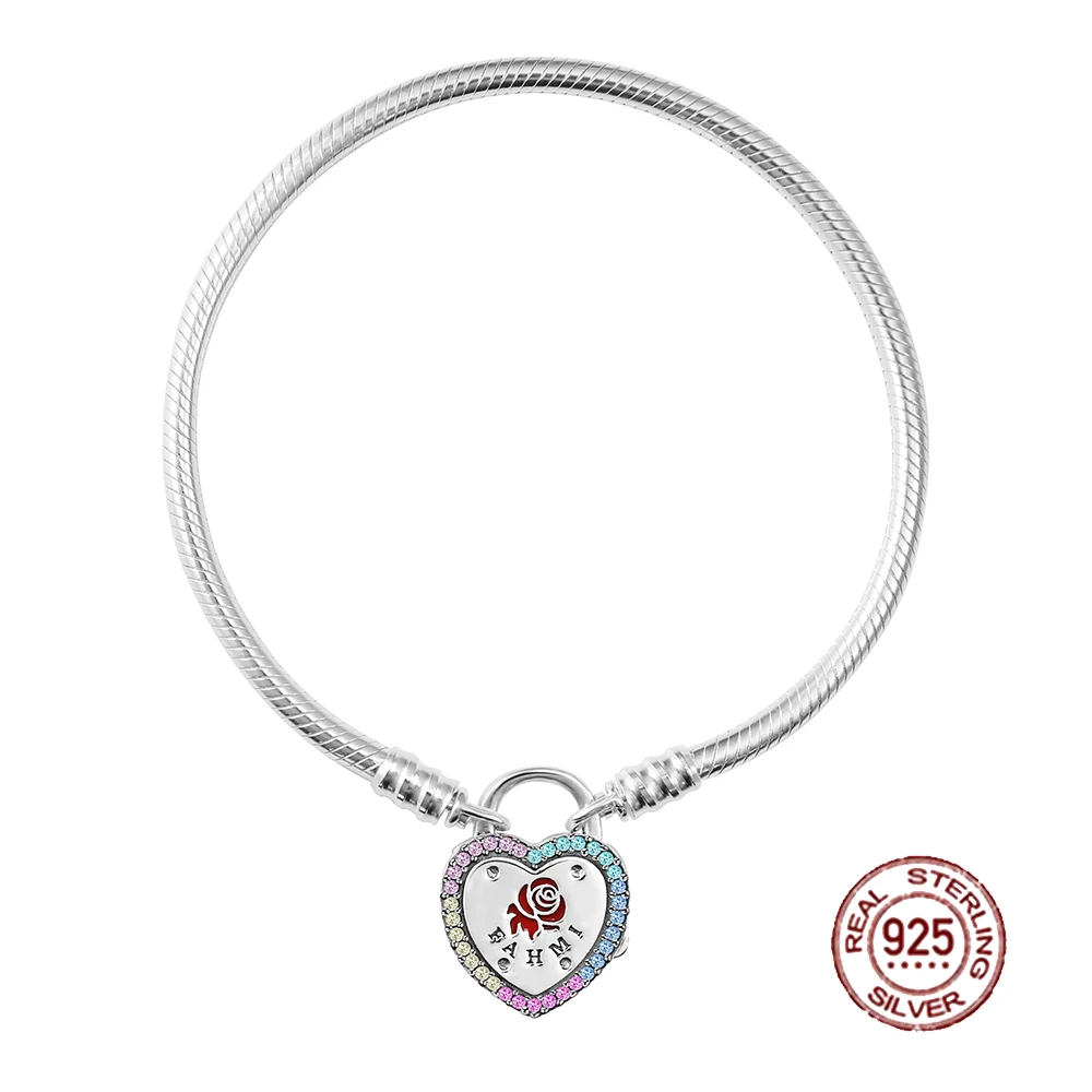 

NEW 2019 Valentine's Day 100% 925 Sterling Silver Bracelet Original Design Heart shaped Rainbow stone Fit DIY Charm Bead Gift