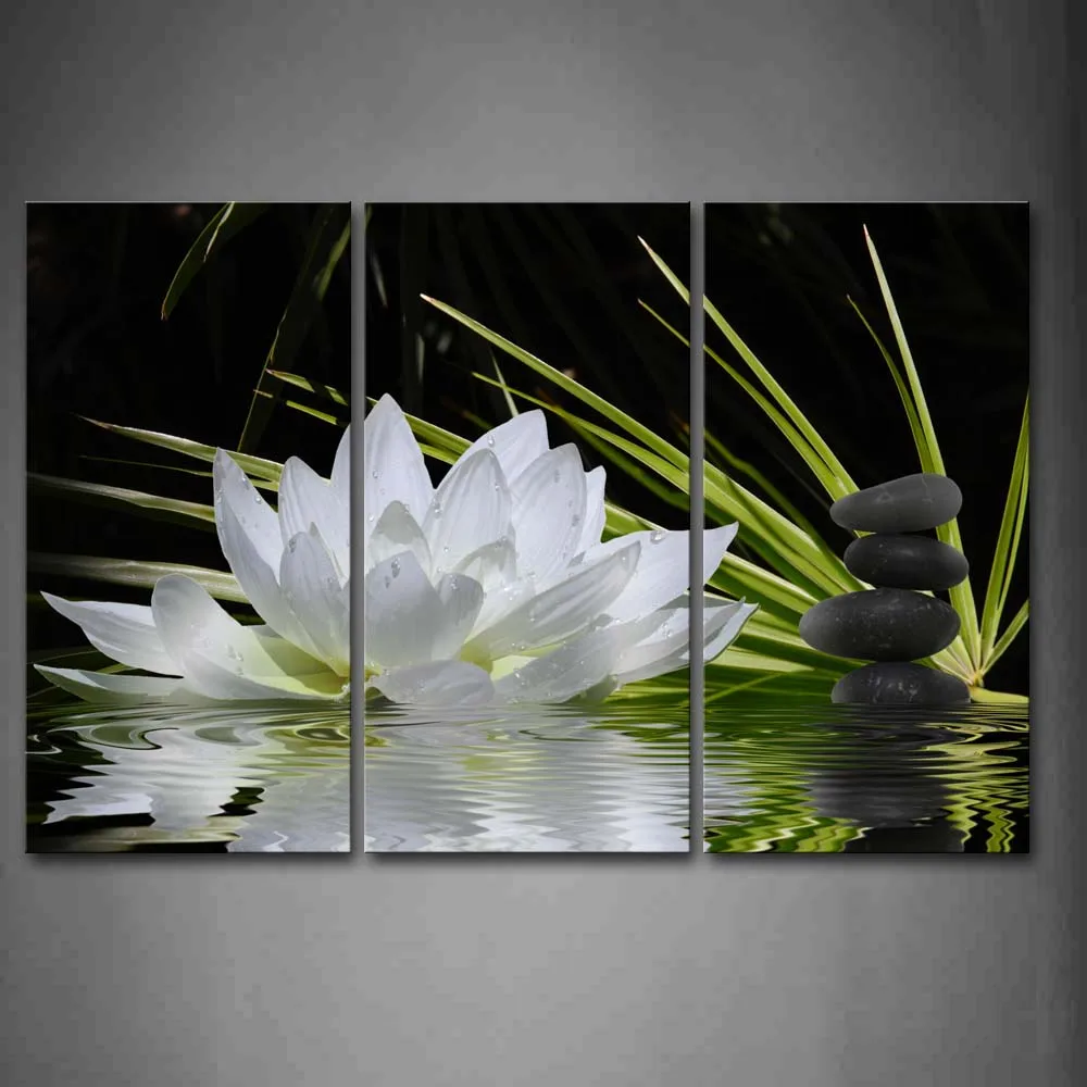 

Framed Wall Art Pictures Flower Rocks Water Canvas Print Flower Modern Posters With Wooden Frames For Living Room Decor