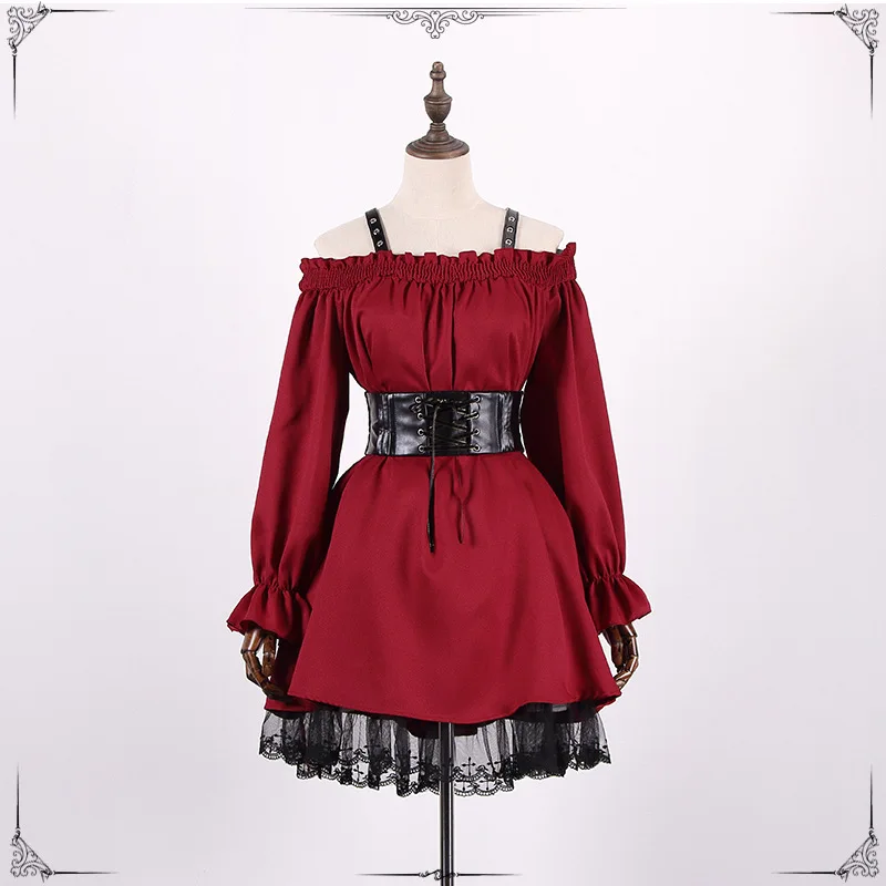 

Solid Red Word shoulder Tightening waist Lace PU belt dress