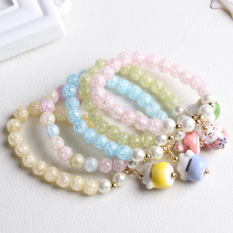 

Ice Crack Crystal Style Charm Bracelet with A Fortune & Lucky Cat Pend Colorful Yoga Bracelet Rainbow Crystal Beads Bracelet Jew