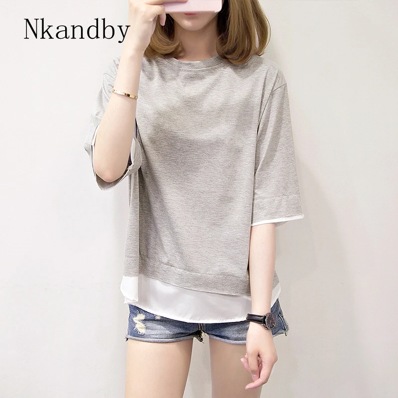 

Nkandby Plus size Half sleeve T shirts Summer Korean Femme Casual Loose Patchwork Tops Faux two piece Maiden Tshirt