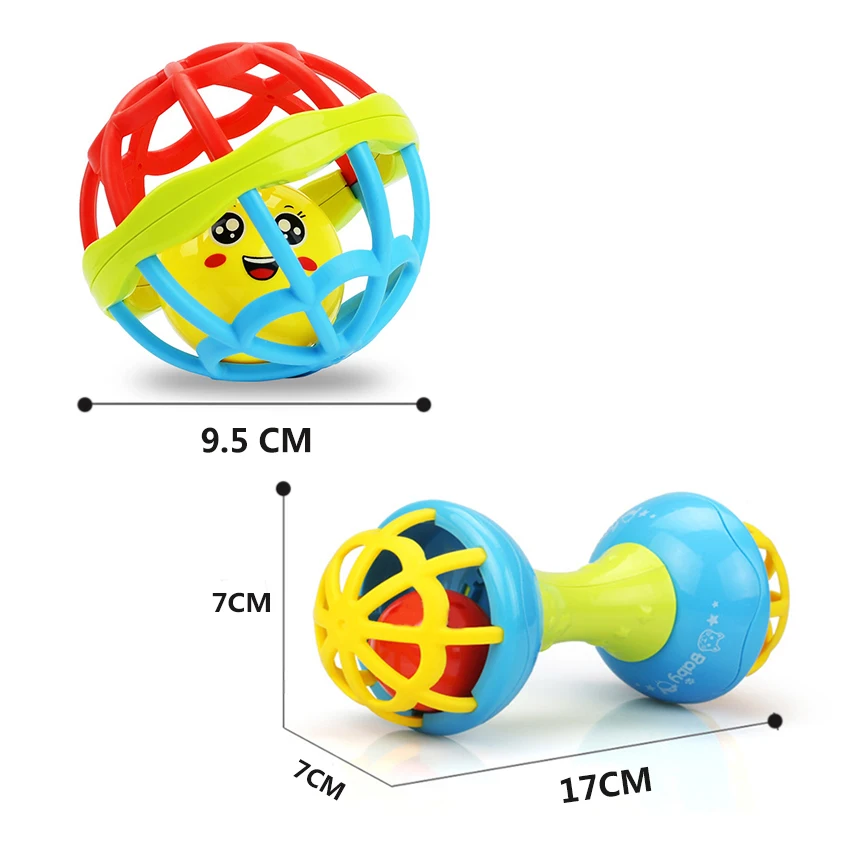 2 шт./лот детские погремушки, игрушки для новорожденных 0-12 месяцев Пластик колокольчик мягкие гантели мяч мобильные Детские игрушки