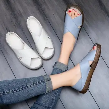 

New Women Sandals Fashion Summer Casual Women Shoes PU Leather Ladies Flat Soft Bottom Slip On Sandals Handmade Woman Sandal