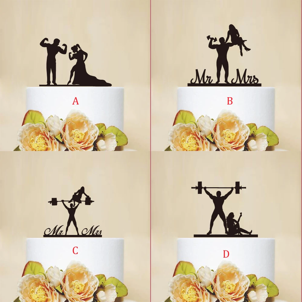 Wedding Cake Topper Funny Fitness Bride Groom Mr Mrs Acrylic Black weightlifting Cake Toppers Wedding Decoration Mariage Party Supplies Adult Favors