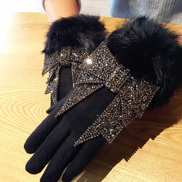 Женские зимние шерстяные перчатки с сенсорным экраном, стразы, роскошные меховые женские перчатки митенки, кашемировые теплые перчатки Luva
