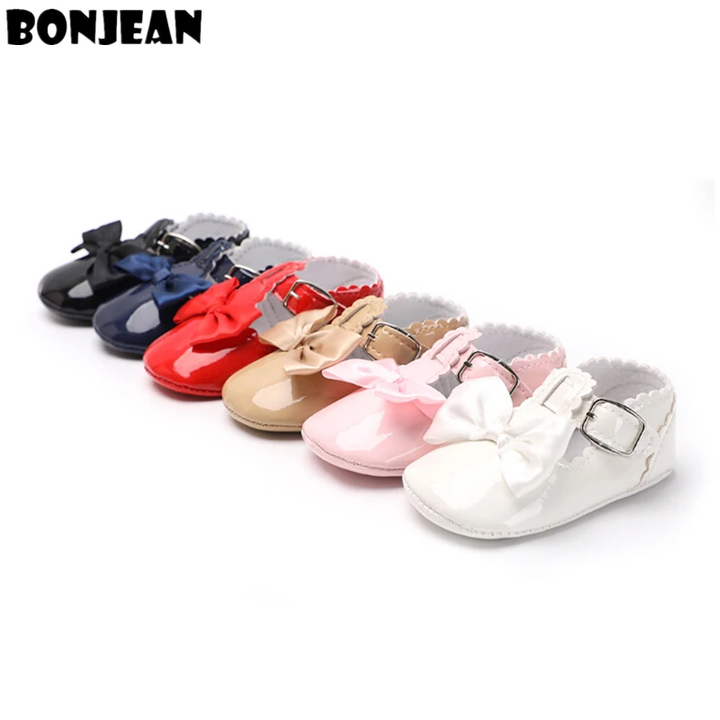 

Hot New 0-18M Baby Girl First Walkers Lovely Soft Sole PU Princess Shoes Newborn Infant Anti-slip Crib Shoes Toddler Bow Shoes