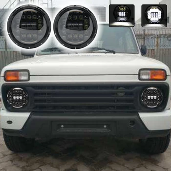 

7 Inch 90W LED Headlights Moto Lamp With Angle Eyes 7" Round Headlamp For Lada 4x4 Urban Niva Land Rover 90/110 Defender