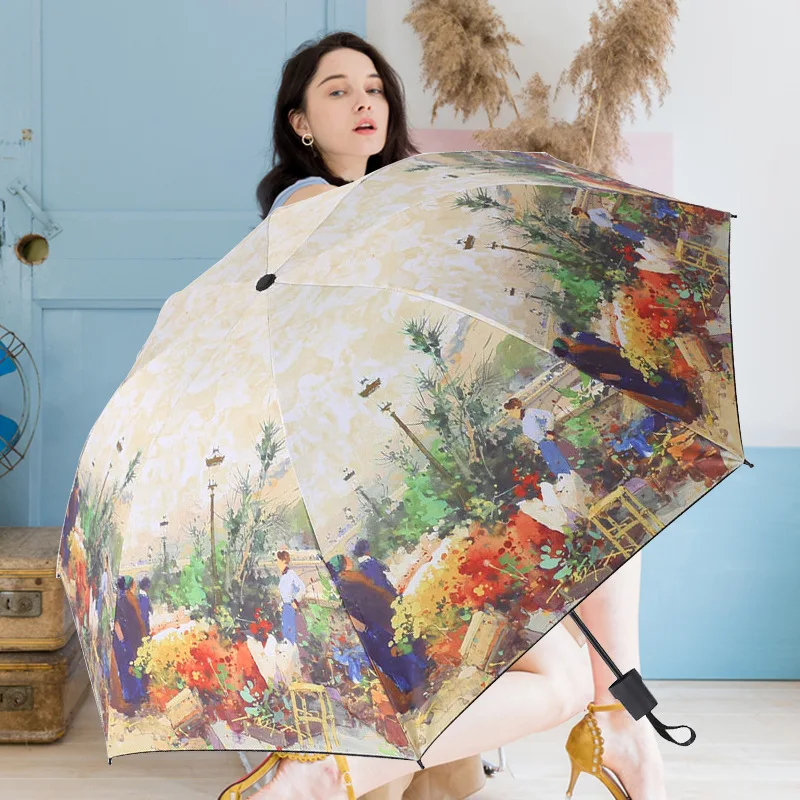 

Fashion oil painting black glue umbrella Chinese painting wind simple sunscreen outdoor tourism sunny umbrellas umbrella