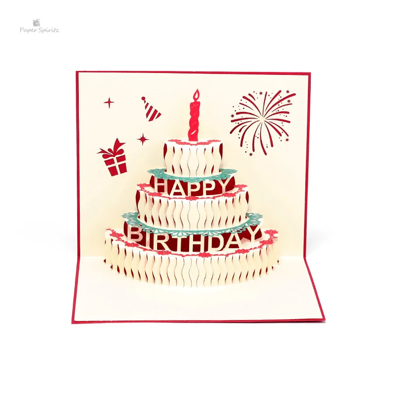 PAPER SPIRITZ Laser Cut Birthday Cake 3d Pop Up Paper Card With Blank Envelope Invitations Greeting Cards Happy Gift Invitation