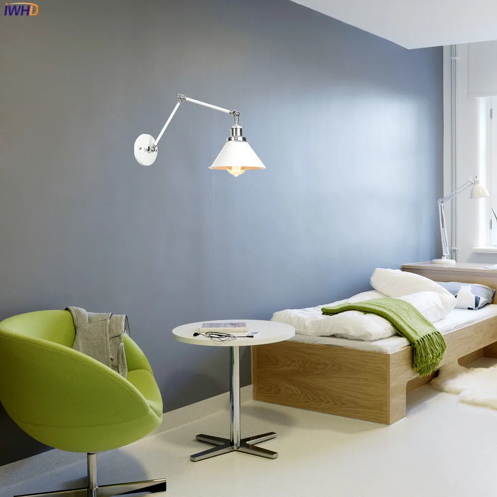 IWHD White Long Arm Vintage Wall Lamp Beside Bedroom Living Room Edison Loft Industrial Style Retro Wall Lights Fixtures LED