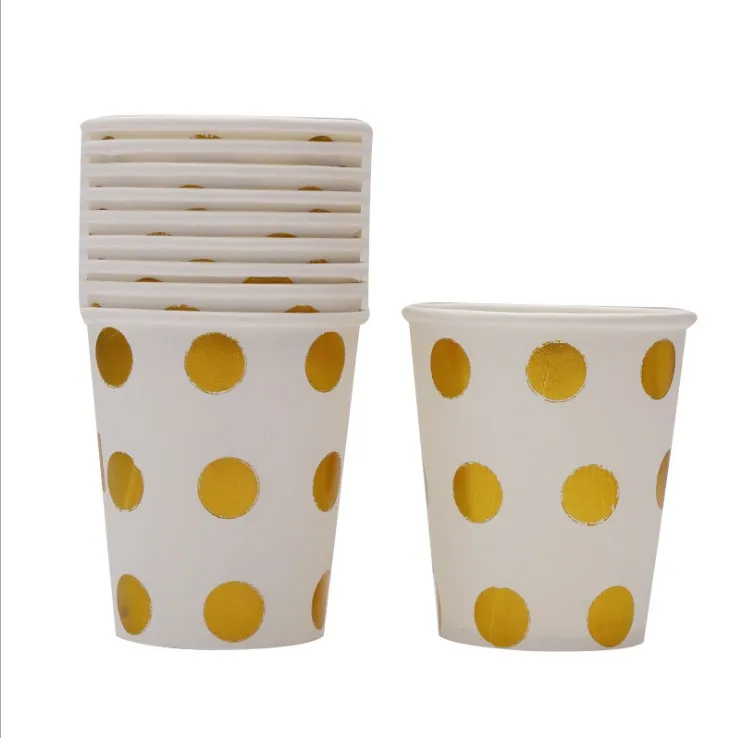 Разноцветные Звездные одноразовые стаканчики, бумажные стаканчики и тарелки, принадлежности для вечеринки в честь Дня Рождения, соломенная салфетка, одноразовая посуда - Цвет: gold dot cup