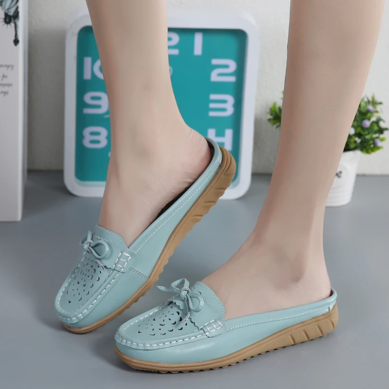 

YTracyGold Genuine Leather Shoes Woman Slippers Hollow Ladies Flat Plus Size Women Shoes Slides Zapatos De Mujer Chaussure Femme