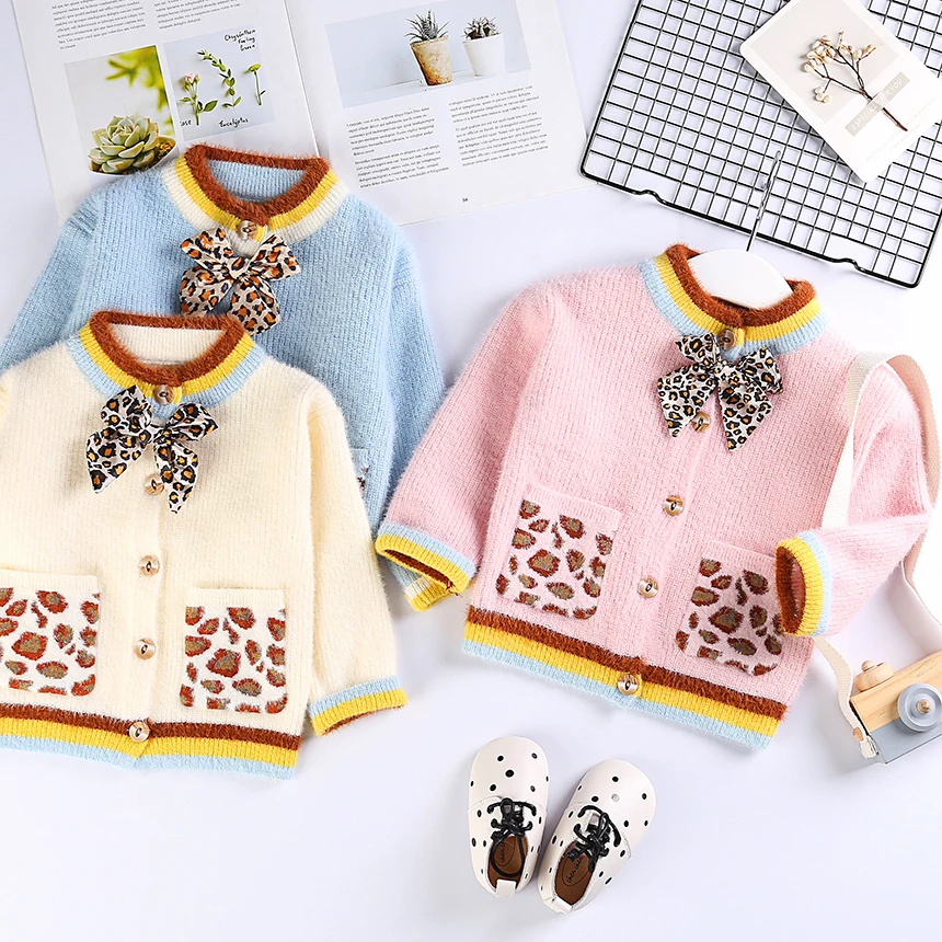 

Toddler Girl Cartoon Bunny Cardigan Kids Wholesale Bulk Lots Clothes Baby Girl Spring Autumn Leopard Bow-knot Knitted Sweater