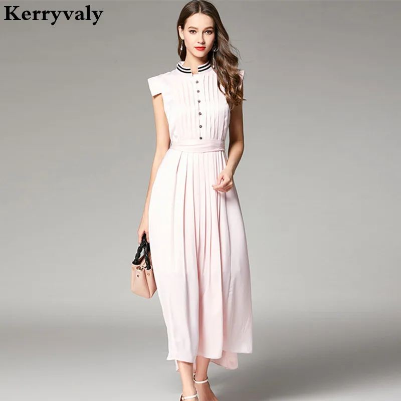 High end Bohemian Pink Pleat Long Summer Dress Robe Femme Ete 2018