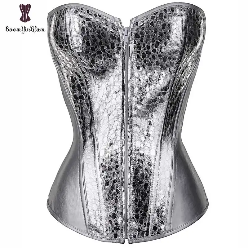Online Corsé plateado superior brillante cuero falso sobre el busto Bustier cremallera frontal parpadeo corsé elástico deshuesado gótico ropa de Club Korset