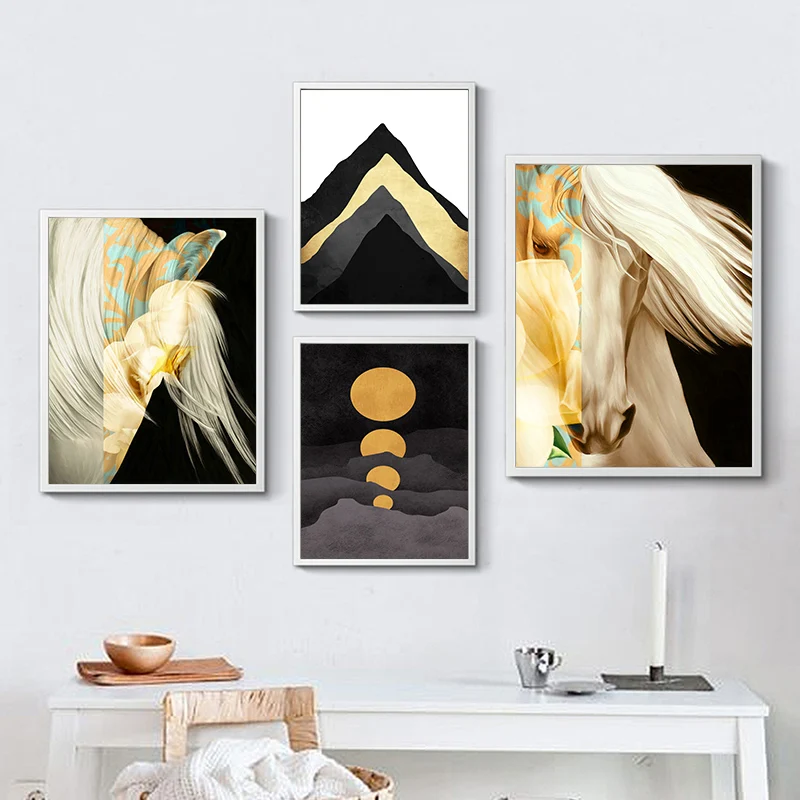 

White Horse Full Moon Peak Abstract Design Poster Art Canvas Painting Cafe Shop Home Decor On Canvas Modern Wall Print Artworks