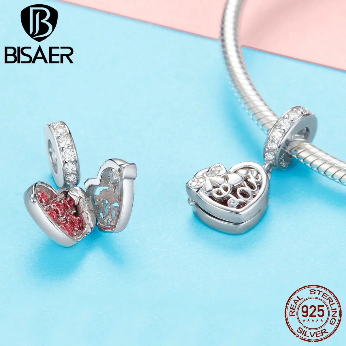 

BISAER 925 Sterling Silver Red CZ Heart-shape Love Box Pendant Charm for Women 925 Original Charms Bracelet Necklace GXC1069