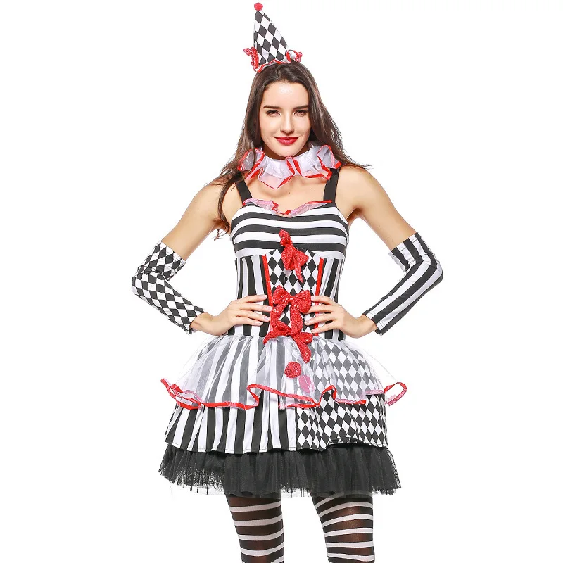 Harlequin Clown Costume Black White Stripe Ruffle Jester Fancy Dress ...