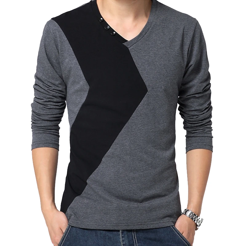 

TFETTERS Means T Shirts Fashion Color Patchwork Long Sleeve Slim Fit Cotton V Neck Oversized T Shirt Men Clothes 2019 M-5XL