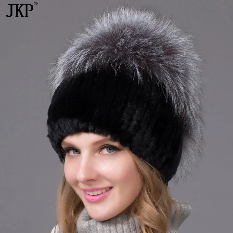 

real natural Rex rabbit fur hat female winter thick warm knit cap women fox fur hat THY-09