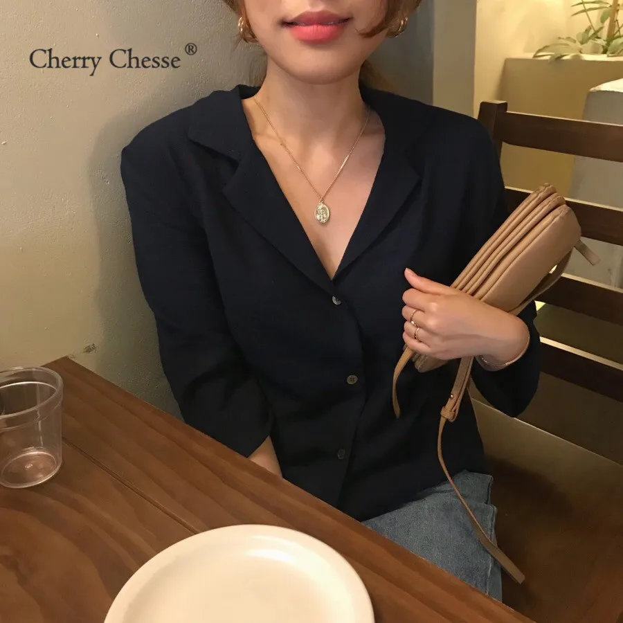 Cherry Chesse Vintage Women Blouse Mid Sleeve Solid V Neck Button Tops Summer Autumn Slim Office Lady Cherry Chesse Vintage Women Blouse Mid Sleeve Solid V Neck Button Tops Summer Autumn Slim Office Lady