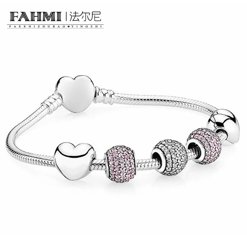 

FAHMI 100% 925 Sterling Silver 1:1 PAVE BALL CHARM Beaded Bracelet with Heart-shaped Clasp Festival Day Gift Set Jewelry