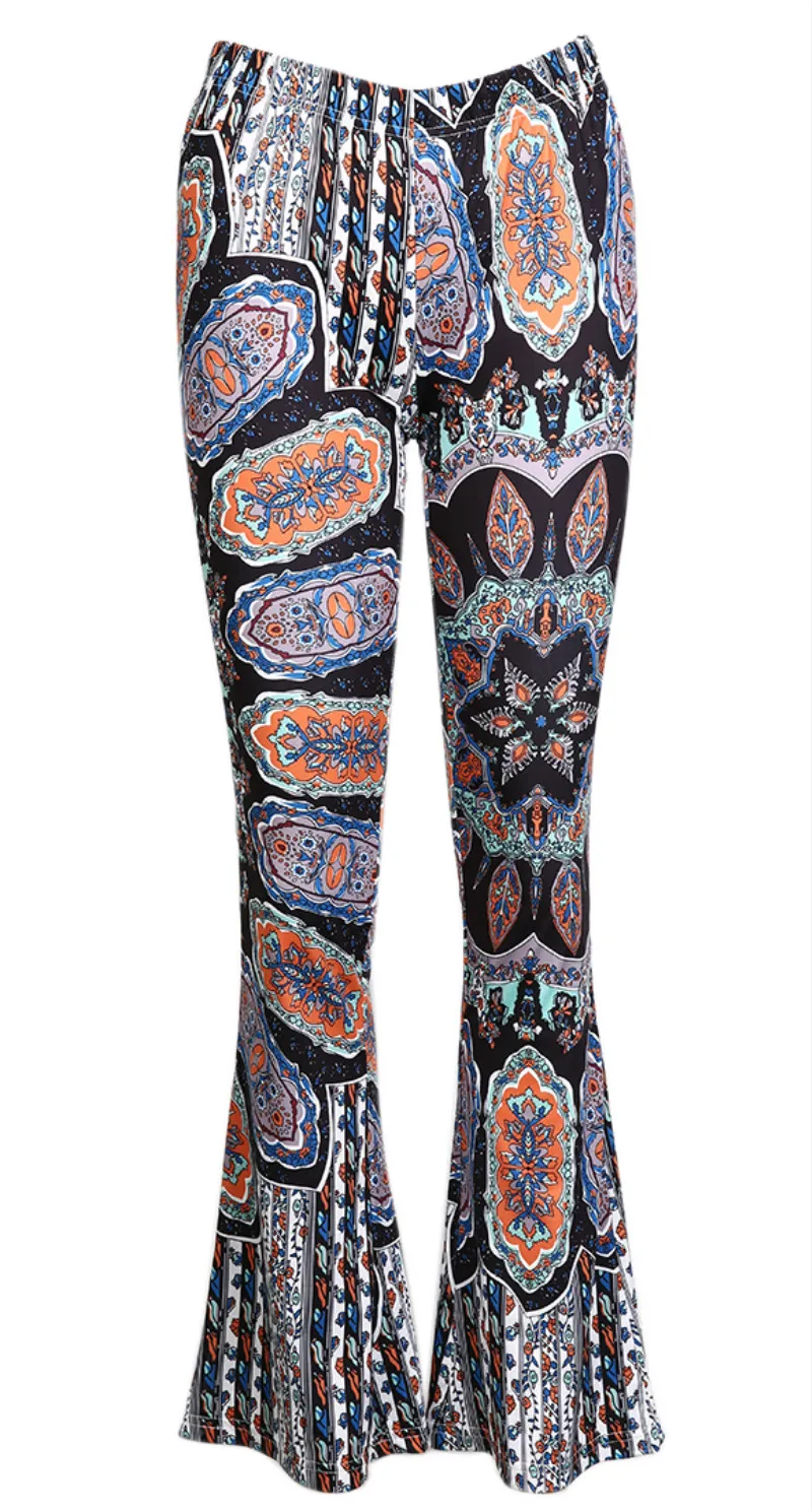 Fashion Women Floral Paisley Bell Bottom Loose Wide Leg Flare Pants