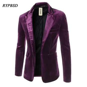 

New 2019 Fashion Mens Velvet Jacket Casual Mens Blazers Wedding Slim Fit Long Sleeve Turn Down Collar Purple Velvet Jacket M-XXL