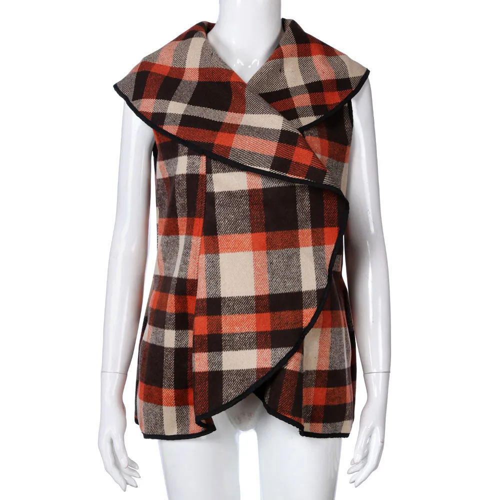 Осенняя Женская куртка без рукавов с отложным воротником и открытой передней частью, клетчатый кардиган в клетку, Повседневная Женская куртка, зимнее женское пальто oct16