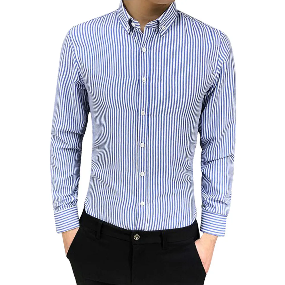 

2018 Spring Autumn Features Shirts Men Casual Shirt Mens Suit Fit Long Sleeve Button Striped Down Dress Shirts Tops Blouse