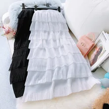 AcFirst Весенняя женская модная белая черная юбка женская с оборкой, с высокой посадкой плиссированные юбки длинные плиссированные
