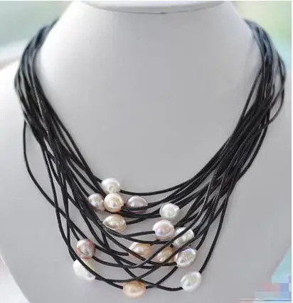 17-24 inches 15 Rows Women Customized Black Leather with 11-12mm Natural Multicolor Oval Freshwater Pearl Necklace