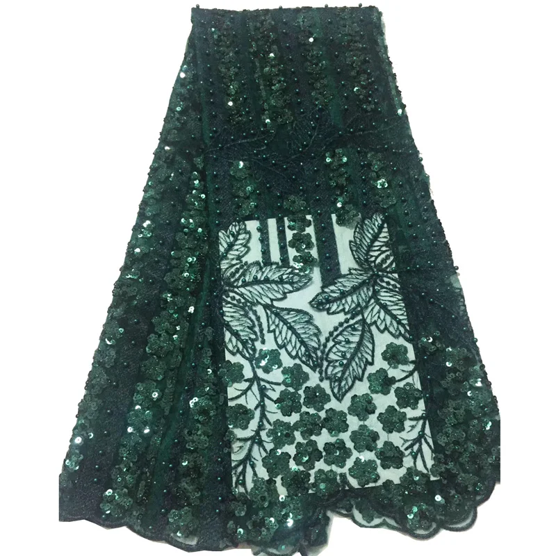 

(5yards/pc) high quality shining African sequins French net lace fabric in emerald green with beads for party dress FLC897