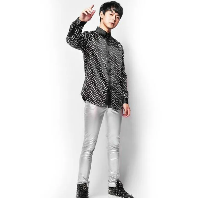 

Men's Long Sleeve Shirts Joker Men's Slim Shirt Korean Slim Black Print Singer Performance Costumes