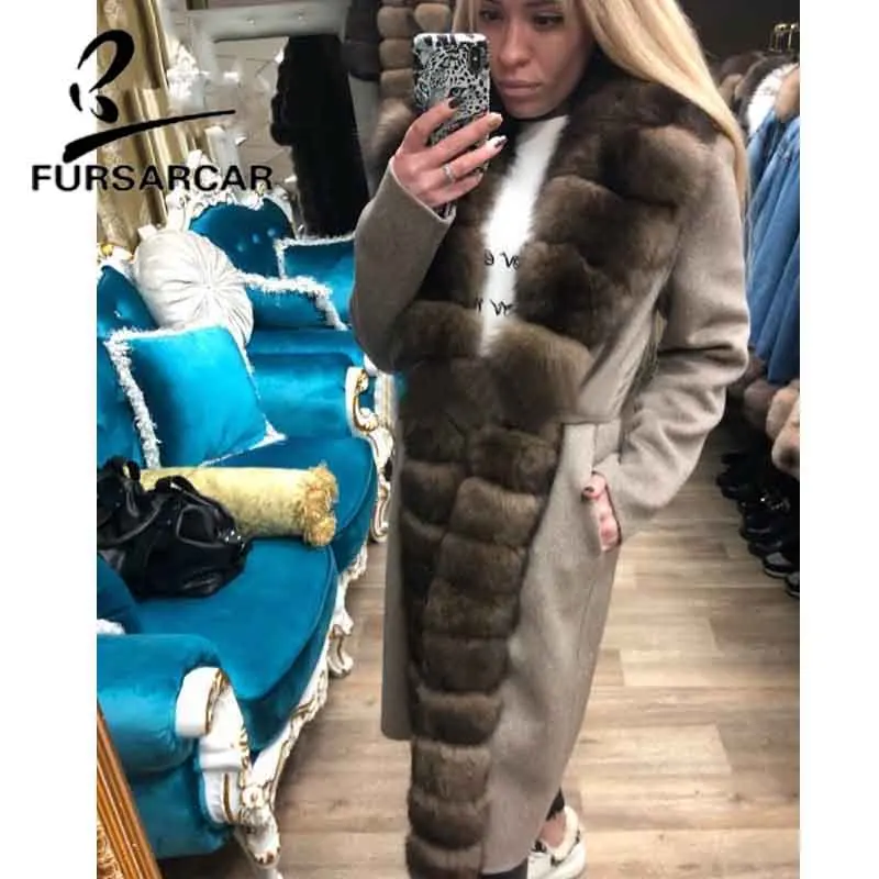 FURSARCAR New Fashion Real Fur Coat Women With Long Fox Fur Collar Winter Warm Luxury Wool Skin Fur Jacket 110 Cm Long Fur Coat