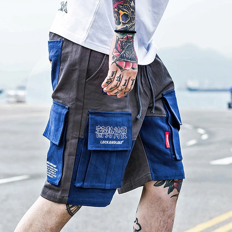 Харадзюку карго шорты карман Kanji Уличная Для мужчин хип хоп Короткие джоггеры цветные блок повседневные тактические военные короткие мешковатые подходят