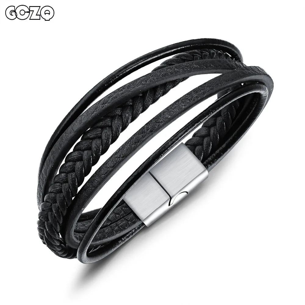 

GCZQ Black/Brown Genuine Leather Bracelet for Men Stainless Steel Bracelets Diy Cowhide Bangle Men Jewelry Gift