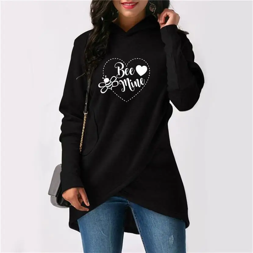 Split Hoodies For Women Bee Mine Heart Letters Print Tops Kawaii Sweatshirts Hoodies Women Female Print Loose 2018 Comfortable