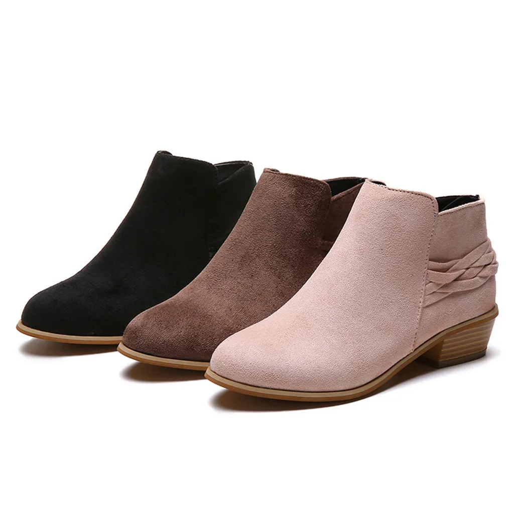 Botas de gamuza para mujer Invierno Elegante Cuero negro 38 Botas Flock Martin Cremallera para mujer Moda Recorte de tobillo bajo Punta redonda Botas de cuero de tobillo Martin Shoes