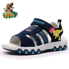 DINOSOLES Sandals Boys Light Up Led Kids Summer Shoes 3D Dinosaur Causal Beach Sandals 2019 Anti-Slip Leather Children Shoes