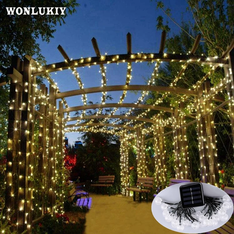

4.8m 12m 22m Led Solar Powered Crystal Ball String Light Outdoor Waterproof For Christmas Weeding Garden Tree Yard Decoration